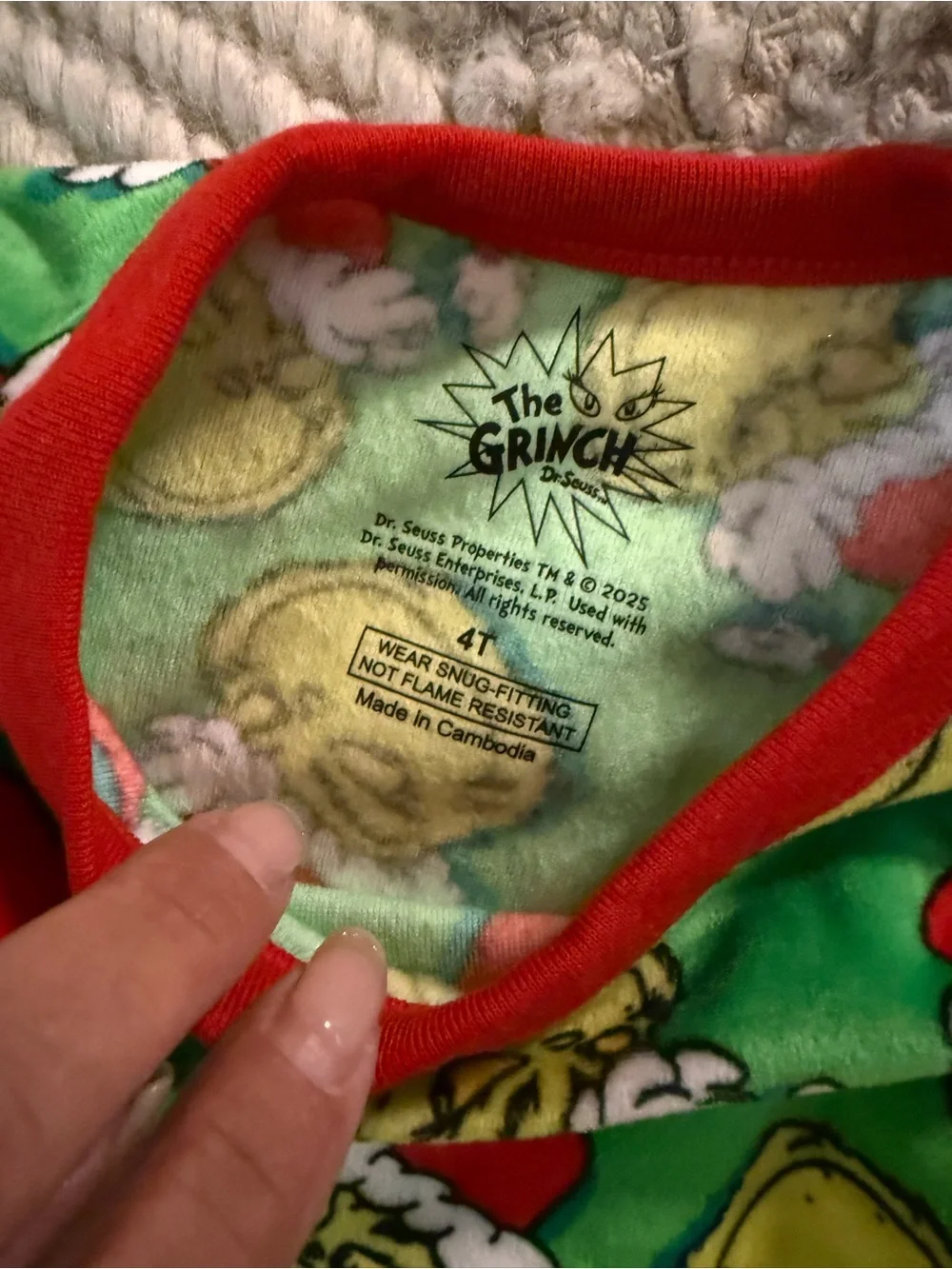 4T Dr. Seuss Green Grinch Print Long-Sleeve Pajama Top Red Trim soft new gender